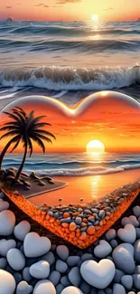 Heart-shaped beach at sunset with ocean waves and stones.