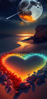 Heart-shaped design on a colorful beach under a vibrant night sky and glowing moon.