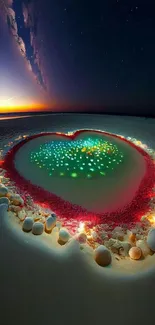 Heart-shaped beach scene under a starry sky with colorful lights.