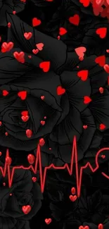 Romantic wallpaper with red hearts and heartbeat line on black background.