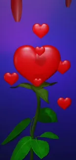 Heart-shaped flower with vibrant red petals on a blue background.