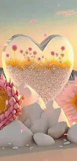 Heart-shaped floral design with sunflowers and pastel tones.