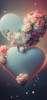 Elegant heart and floral mobile wallpaper with vibrant pink and white roses.