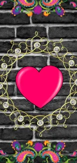 Vibrant heart design on a brick wall with colorful floral accents.