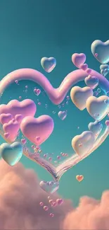 Heart-shaped bubbles in pastel hues against a dreamy cloud background.