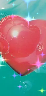 Red heart bubble floating on turquoise water background.