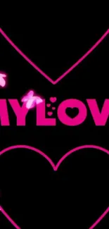 Pink hearts and butterflies with 'My Love' text on black background.