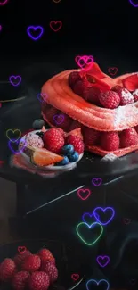 Heart-shaped cake with berries and neon hearts wallpaper.