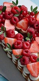 Heart-shaped cake topped with fresh berries and cream, set against a light background.