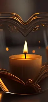 Heart-shaped candle glowing warmly inside a glass holder on a dark background.