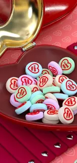 Heart-shaped candies in a velvet red box for mobile wallpaper.