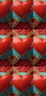 Repeating hearts and chains on colorful background.