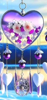 Heart-shaped charm with flowers in a purple winter scene.