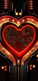 Heart-shaped circuit board with glowing orange accents.