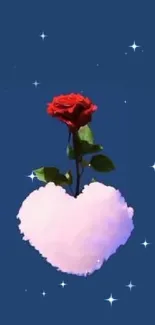 Red rose emerging from a heart-shaped cloud with a blue sky background.