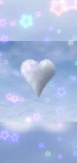 Heart-shaped cloud with neon stars in a dreamy sky.