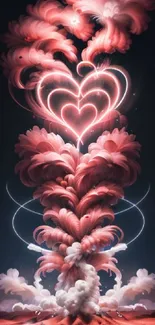 Pink heart-shaped cloud exploding into the night sky, creating a fantasy scene.