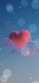 Pink heart-shaped cloud in a starry evening sky with a jet plane.