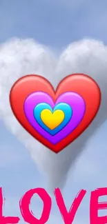 Heart-shaped cloud with multicolored hearts and "LOVE" text on blue sky.