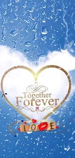Heart-shaped cloud on a blue sky with a love design in golden text.