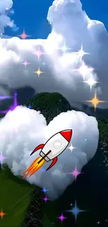 Heart-shaped cloud with a rocket soaring through a colorful sky above mountains.