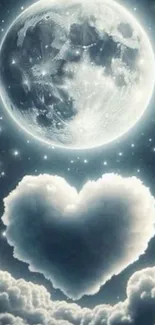 Heart-shaped cloud below a luminous moon in a starry night sky.