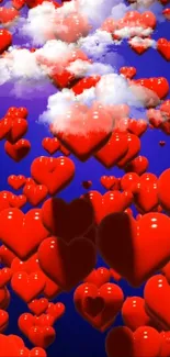 3D red hearts floating in the sky with clouds.