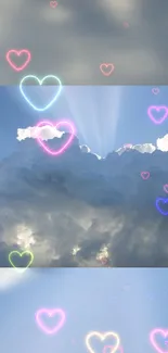 Aesthetic clouds with glowing heart shapes in a bright sky.