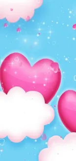 Whimsical mobile wallpaper with pink hearts and clouds.