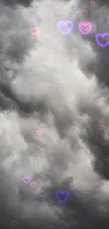 Dark clouds with colorful heart shapes streaming through.