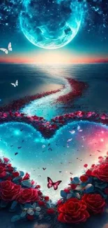 Romantic heart-shaped rose path by moonlit ocean with butterflies and stars.