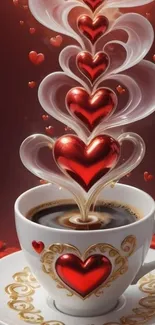 Romantic coffee with floating heart design and rich red hues.