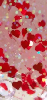 Colorful heart confetti on pink background with sparkles.