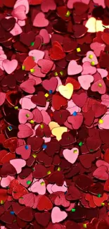 Red heart confetti wallpaper with pink accents, perfect for a romantic feel.