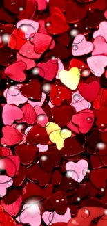 Vibrant red and pink heart confetti wallpaper with a sparkle effect.