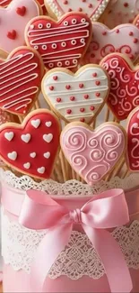 Heart-shaped cookies bouquet with pink ribbon.