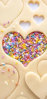 Heart-shaped cookie cutouts with colorful sprinkles in focus.