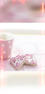 Pink mug and heart cookies with romantic vibes.