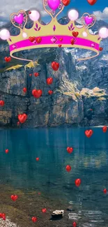 Heart crown over mountain lake wallpaper with red hearts.