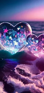 Heart-shaped crystals on ocean waves in a dreamy purple night setting.