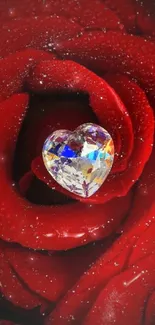 Crystal heart on red rose petals with sparkles.