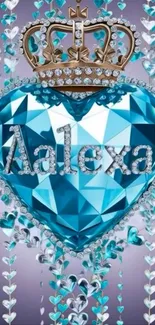 Heart-shaped crystal with crown in blue tones on smartphone wallpaper.