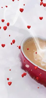 Heart-shaped coffee cup with red hearts wallpaper.