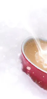 Heart-shaped mug with steaming coffee, set against a snowy white background.