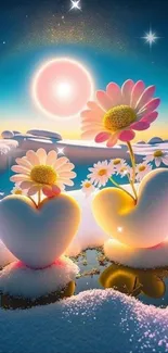 Heart-shaped daisies in snow under a sunset, creating a vibrant scene.