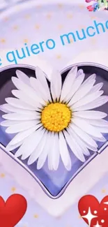 Heart-shaped daisy with "Te quiero mucho" message on a colorful wallpaper.