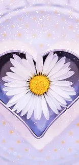 A daisy flower inside a heart shape with a soft purple background.