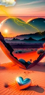 Surreal desert landscape with heart reflections and vibrant colors.