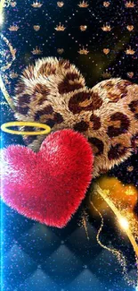 Plush red heart with leopard print and gold accents on a black background.