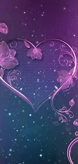 Purple heart floral wallpaper with pink flowers and cosmic background.